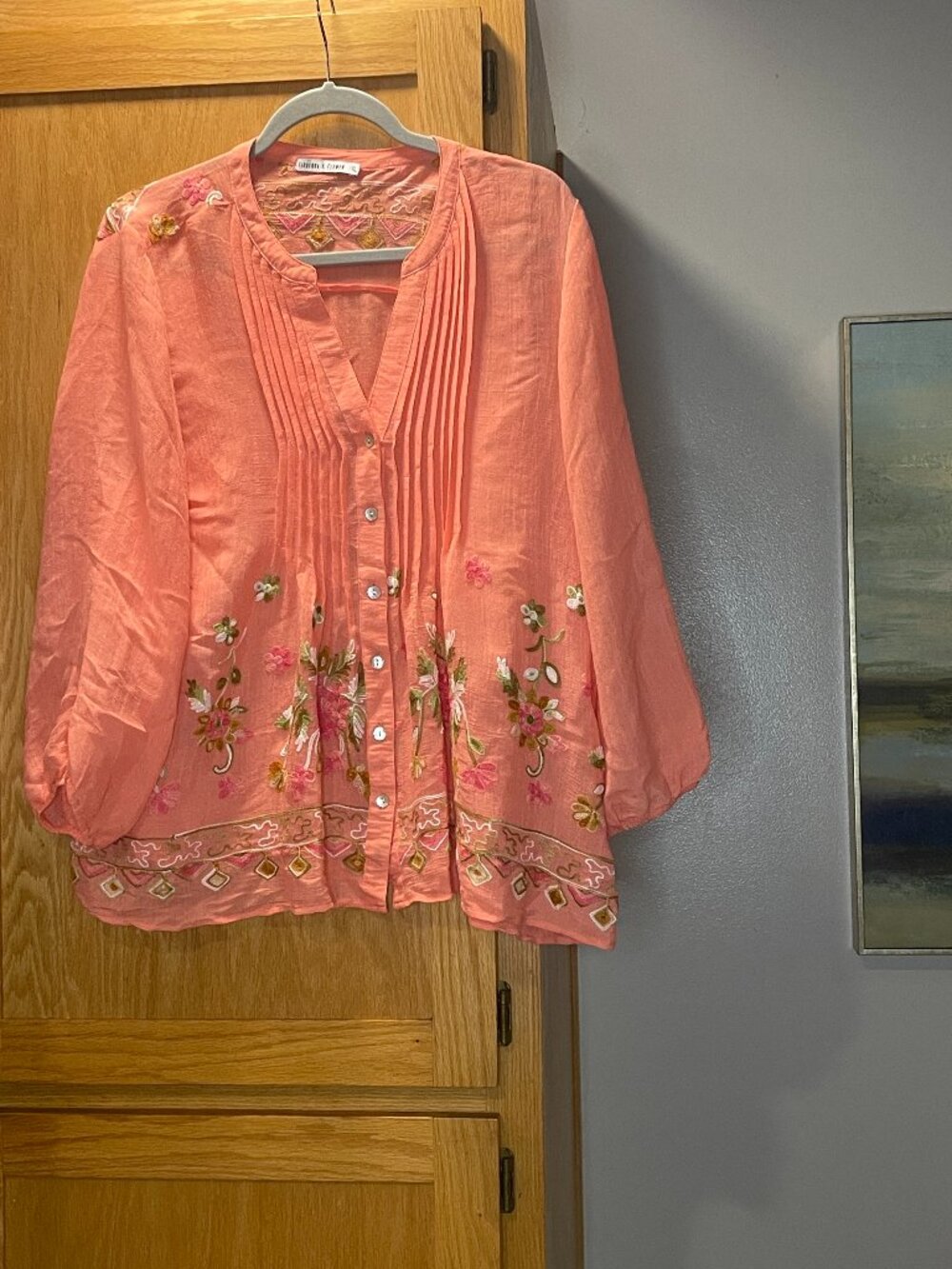 FIGUEROA & FLOWER Embroidered Coral Blouse Size XL Peasant Bohemian Feminine